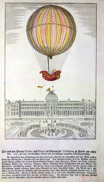 The Flight of Jacques Charles and Nicholas Robert from the Jardin des Tuileries, 1st December, 1783 by German School